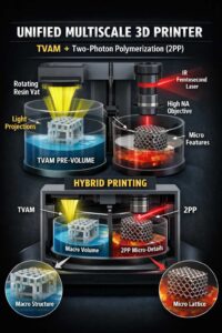 “Unified Multiscale 3D Printer” la stampante 3D multiscala unifica TVAM e Two-Photon Polymerization in un unico flusso