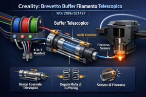 Creality deposita un brevetto per un buffer filamento telescopico, cosa cambia per CFS e sistemi multi-materiale