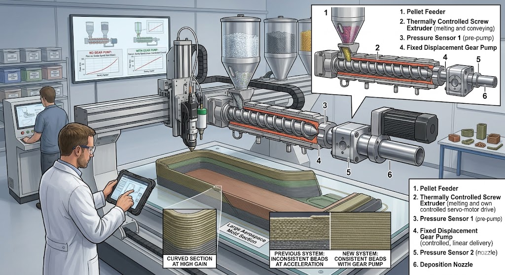 Thermwood brevetta un sistema a pompa a ingranaggi per ottimizzare l’estrusione di grande formato
