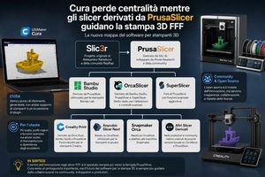 Cura perde centralità mentre gli slicer derivati da PrusaSlicer diventano il riferimento per molte stampanti FFF