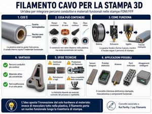 Un filamento cavo per stampare piste conduttive e materiali funzionali con stampanti FDM