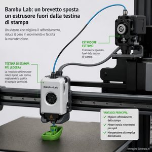 Bambu Lab brevetta l’estrusione ibrida dell’X2D: direct drive e Bowden lavorano insieme sullo stesso toolhead