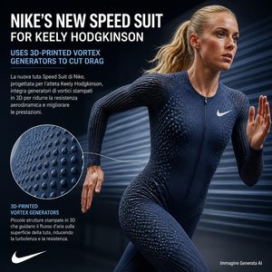 Keely Hodgkinson corre con una tuta speed suit Nike dotata di vortex generator stampati in 3D